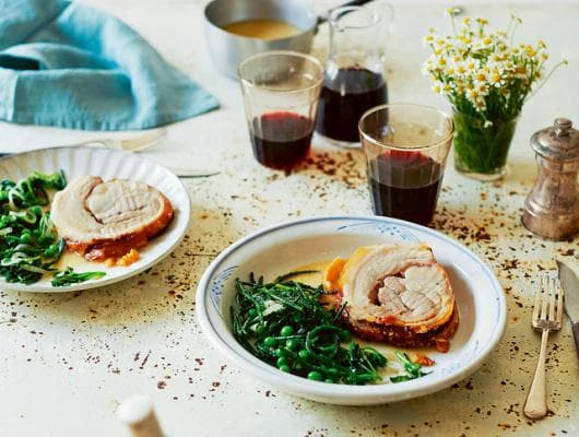 Almond Milk-Braised Pork Belly with Peas, Watercress and Sea Beans